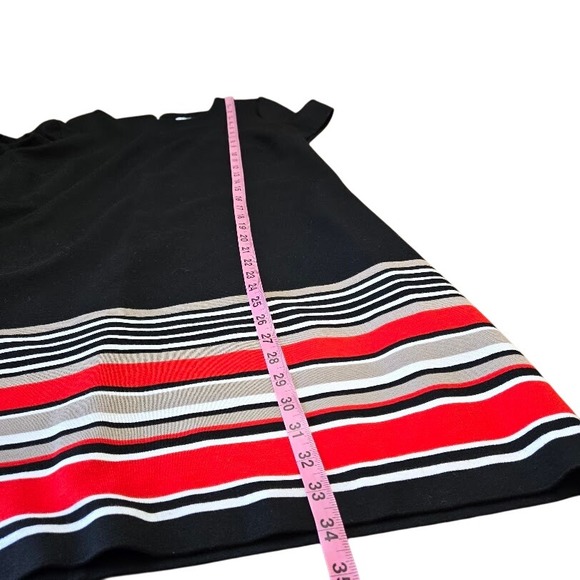 Calvin Klein Black Sheath Dress Striped Hem Sheer Panel Gold Zipper‎ Size 14 - Picture 7 of 8